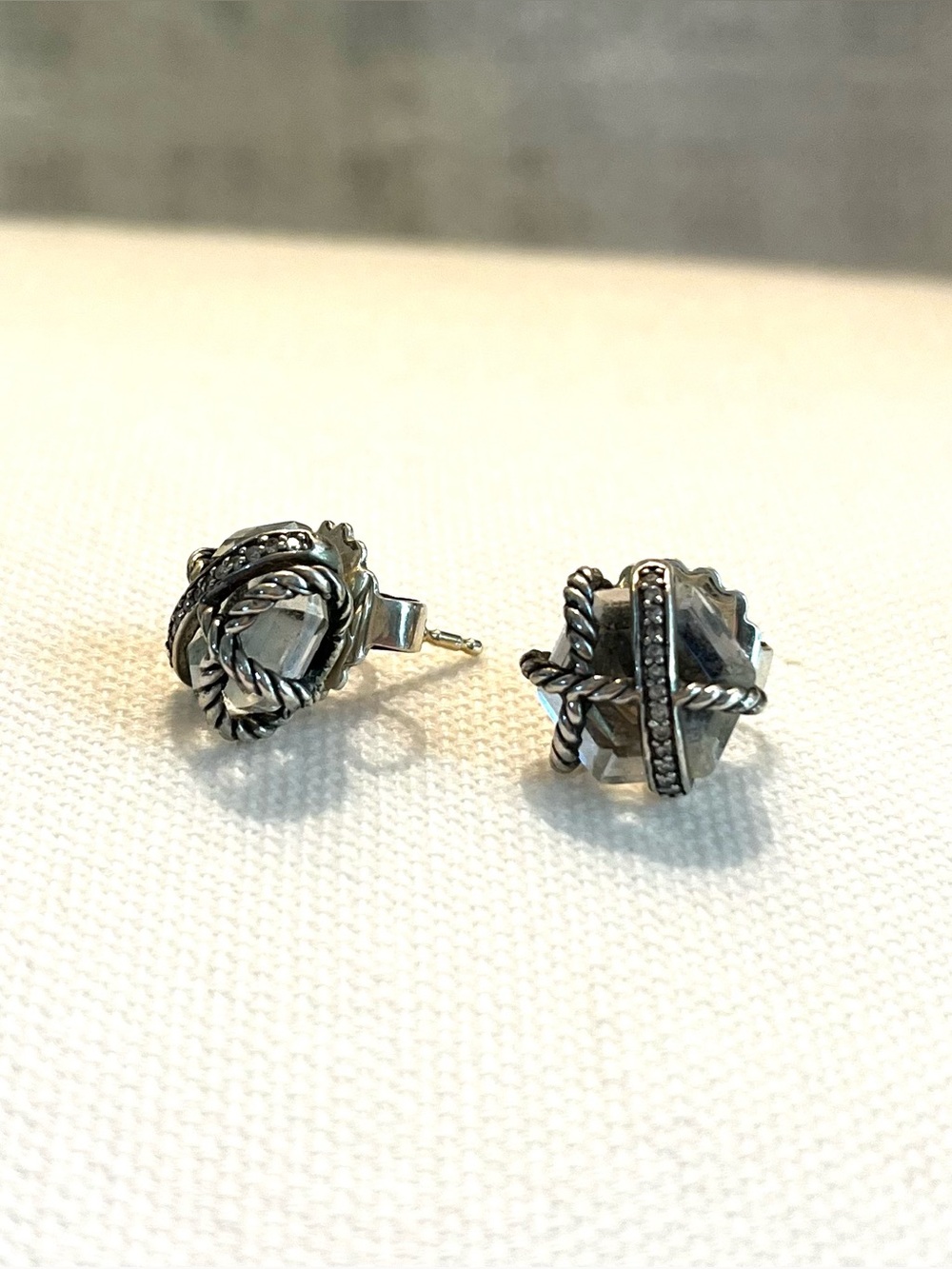 David Yurman Silver and Clear Crystal Crossover Stud Earrings